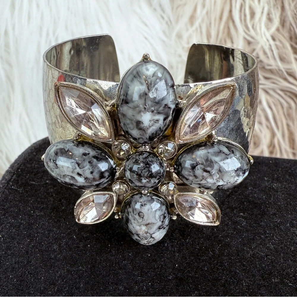 Vintage aged, Silvertone oxidized, colored accent, large cuff, runway bracelet